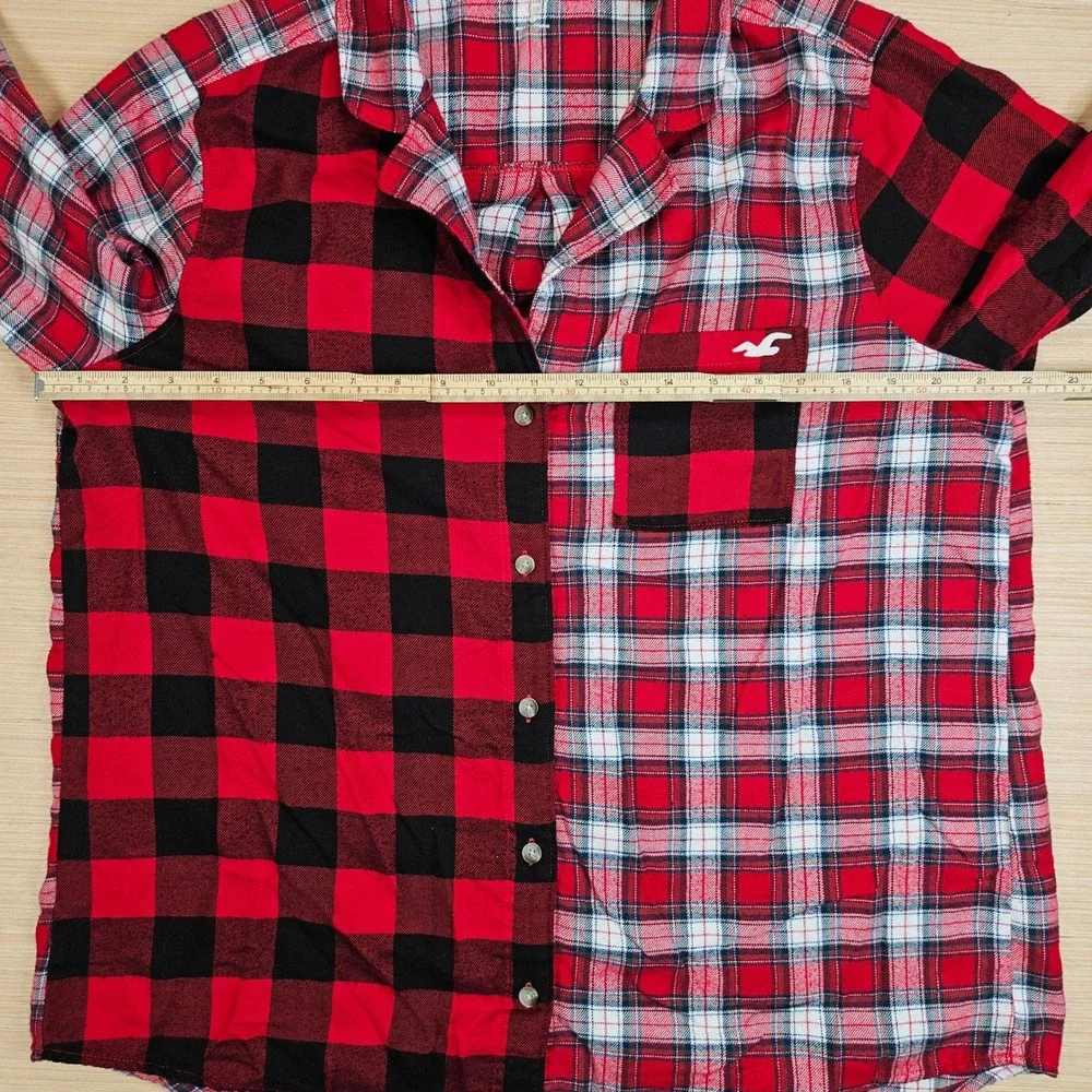 Hollister Sleep Top‎ Women L Red Patchwork Buffalo Plaid Button Up Pajama Shirt